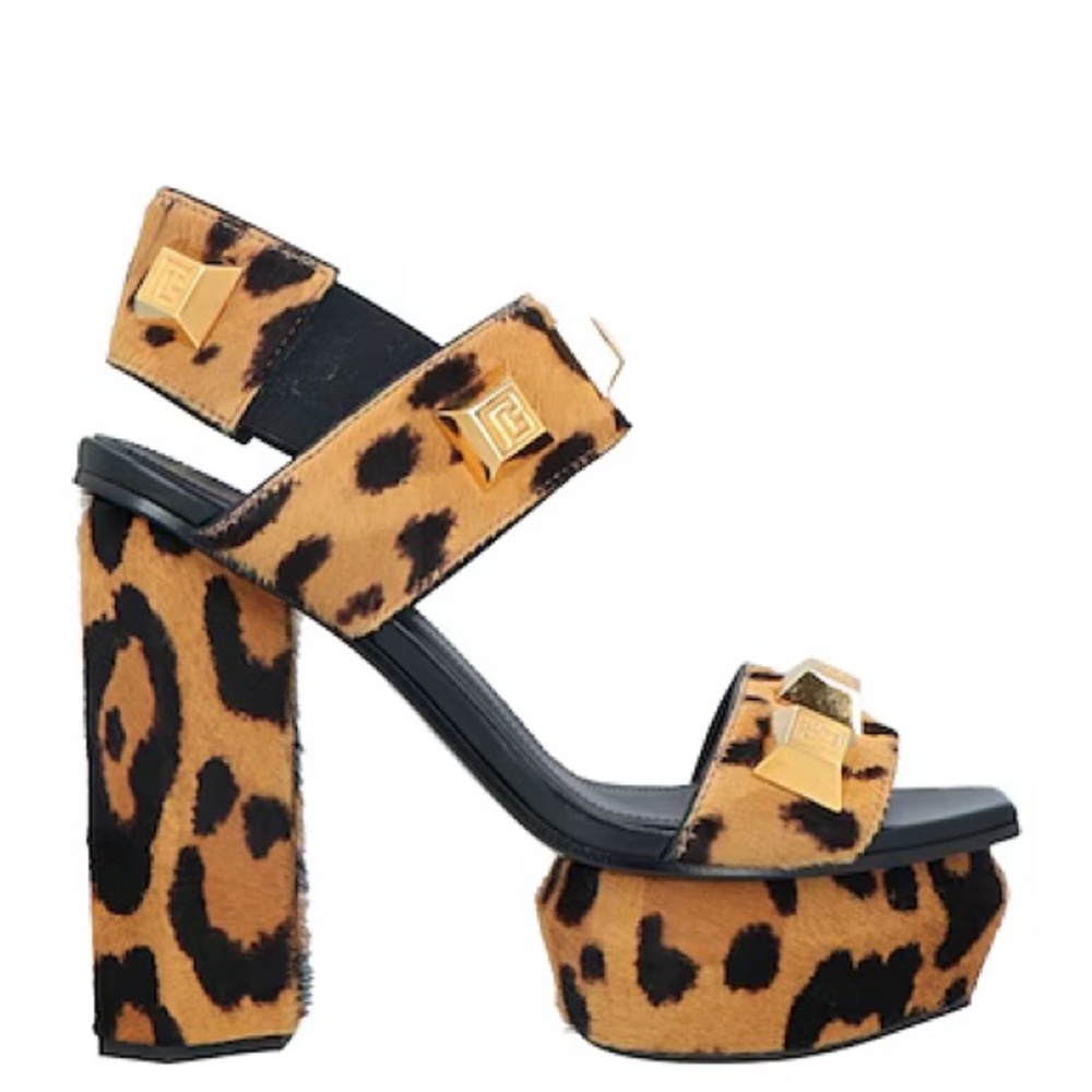 Balmain Ava Leopard Platform Studded Sandals